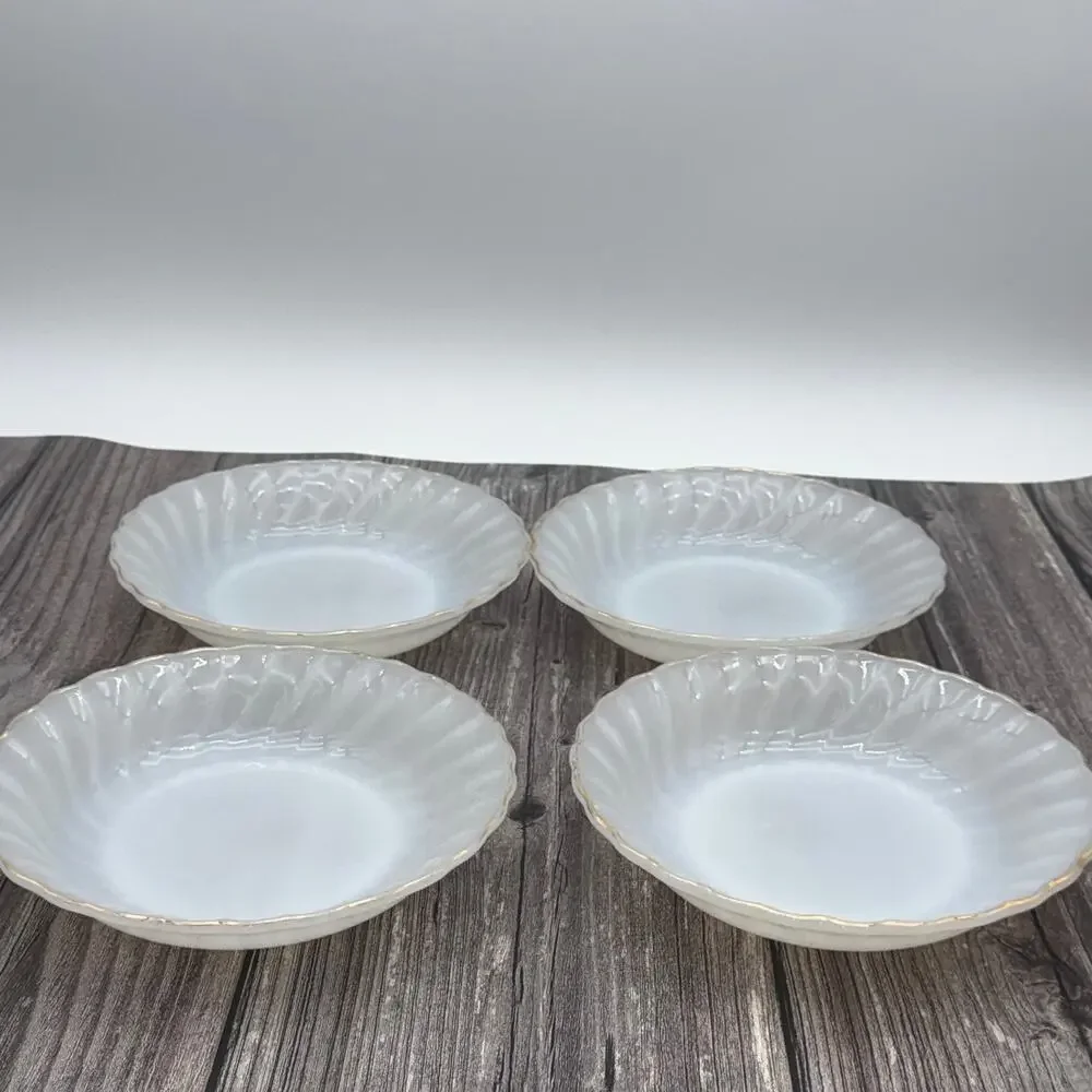 Vintage Fire King Milk Glass Swirl Bowls Gold Trim Set of 4 Anchor Hocking 7.5